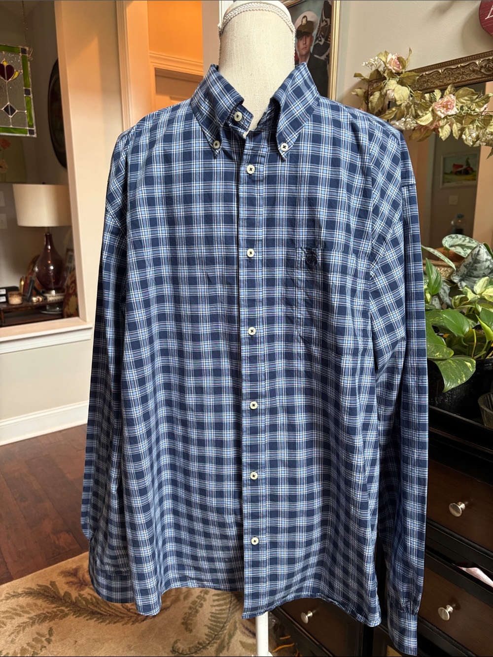 Brooks Brothers Men's Blue Plaid Button-Down Shirt see measurements